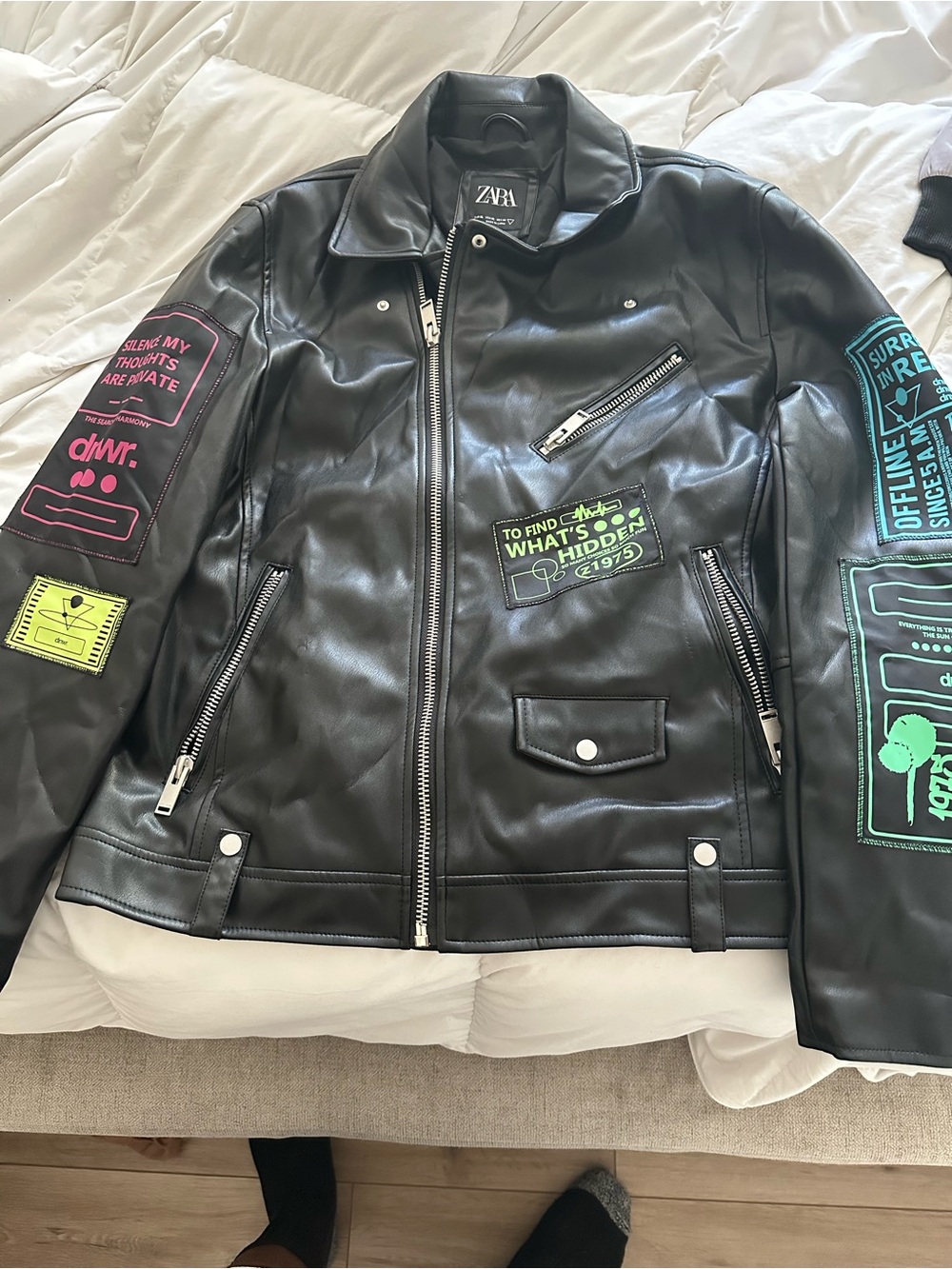 Zara Black Faux Leather Jacket with Neon Patch Accents